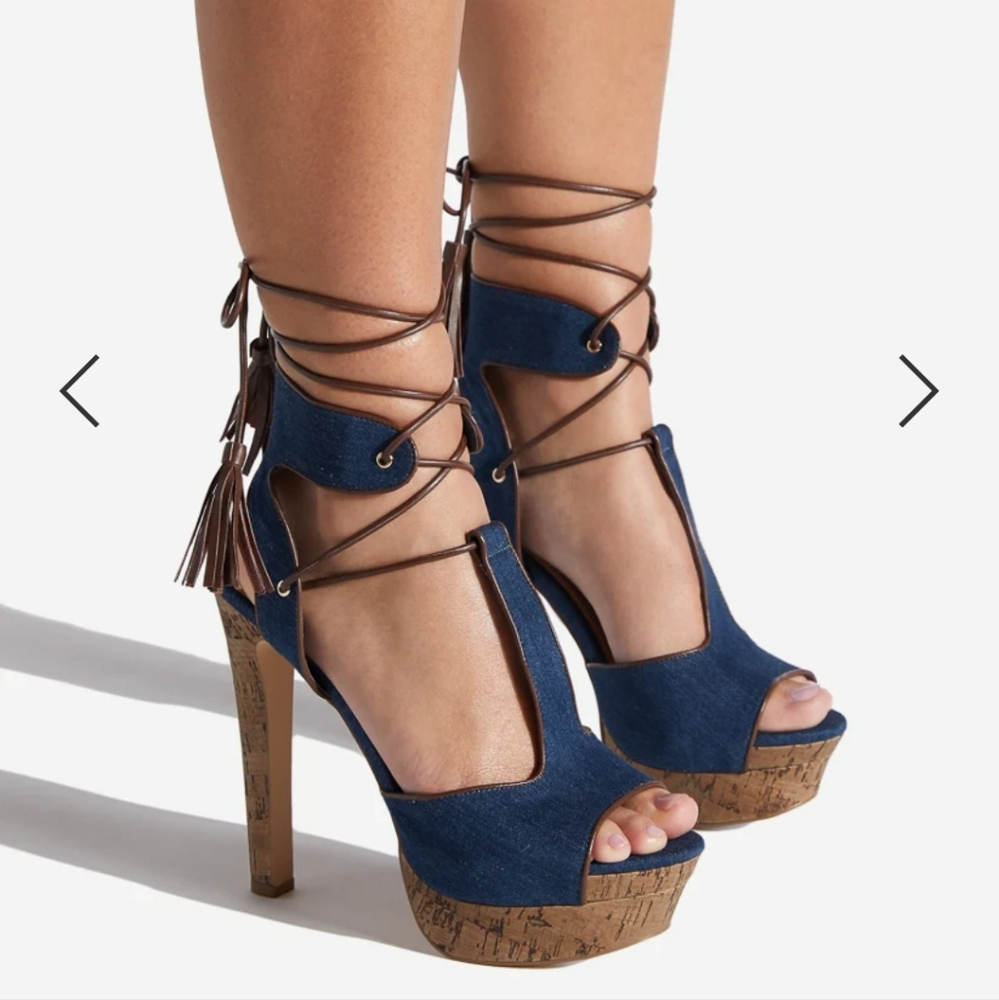 NWOT Adeline Lace Up Heel In Denim